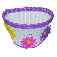 Plastic Girls White Bicycle Basket with Purple Strip & Three Large Flowers
