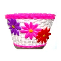 Plastic Girls White Bicycle Basket with Pink Strip & Three Large Flowers